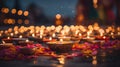 Beautiful diwali diya lamps lit on colorful rangoli background Generative AI