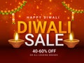 Beautiful Diwali Sale poster or banner design with 40-60% discount offer and illuminated oil lamp on shiny brown background with Royalty Free Stock Photo