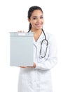 Beautiful doctor woman holding and showing a medical history folder
