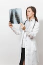 Beautiful doctor woman with X-ray of lungs, fluorography, roentgen isolated on white background. Female doctor in