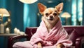 Beautiful dog a bathrobe in spa salon resting relax comfort funny pretty character Royalty Free Stock Photo