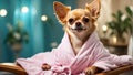 Beautiful dog a bathrobe in spa salon resting relax comfort funny pretty creative Royalty Free Stock Photo