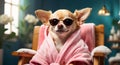 Beautiful dog a bathrobe spa salon resting relax comfort funny pretty character Royalty Free Stock Photo