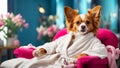 Beautiful dog a bathrobe spa salon resting relax comfort pretty character Royalty Free Stock Photo