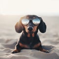 beautiful dog of dachshund smiling , black and tan, buried in the sand at the beach sea on summer vacation holidays Royalty Free Stock Photo