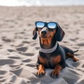 beautiful dog of dachshund smiling , black and tan, buried in the sand at the beach sea on summer vacation holidays Royalty Free Stock Photo