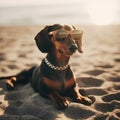 beautiful dog of dachshund smiling , black and tan, buried in the sand at the beach sea on summer vacation holidays Royalty Free Stock Photo