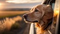 Golden Retriever looking out the car window. Generative AI Royalty Free Stock Photo