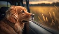 Golden Retriever looking out the car window. Generative AI Royalty Free Stock Photo