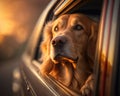 Golden Retriever looking out the car window. Generative AI Royalty Free Stock Photo