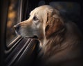 Golden Retriever looking out the car window. Generative AI Royalty Free Stock Photo