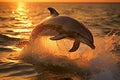 Beautiful Dolphin jumping out of water at sunset. Amazing wild life. Generative Ai Royalty Free Stock Photo