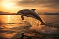 Beautiful Dolphin jumping out of water at sunset. Amazing wild life. Generative Ai Royalty Free Stock Photo