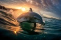 Beautiful Dolphin jumping out of water at sunset. Amazing wild life. Generative Ai Royalty Free Stock Photo