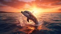 beautiful dolphin leaping jumping from shining sunset sea water surface. Generative Ai Royalty Free Stock Photo