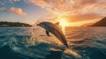 beautiful dolphin leaping jumping from shining sunset sea water surface. Generative Ai Royalty Free Stock Photo