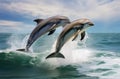 Beautiful dolphins swimming. Dolphin jumping above blue water Royalty Free Stock Photo