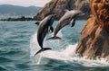Beautiful dolphins swimming. Dolphin jumping above blue water Royalty Free Stock Photo