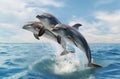 Beautiful dolphins swimming. Dolphin jumping above blue water Royalty Free Stock Photo