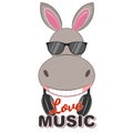 Beautiful donkey in sunglasses love music. Greeting card. Vector illustration. Royalty Free Stock Photo