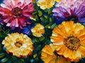 Beautiful double flowers similar to aster and chrysanthemum, painted with oil paint. Lovely bouquet. Greeting card