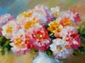 Beautiful double flowers similar to aster and chrysanthemum, painted with oil paint. Lovely bouquet. Greeting card