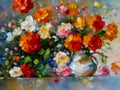 Beautiful double flowers similar to aster and chrysanthemum, painted with oil paint. Lovely bouquet. Greeting card