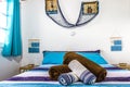 A beautiful double room with a large bed. A room in the Greek style. Blue room. A double room in the Hotel. A large bed in a hotel