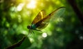 Beautiful dragon-fly sitting on the tree branch. Close up. Green nature backdrop in blur. Generative AI