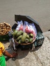 Beautiful Dragon Fruit, Kiwi and Guyabano or soursop fruit selling on wooden basket on roadside