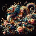 A beautiful dragon surrounded by the flowers, stunning, with vibrant colors, realistic, artistic, drawing, mythical animal