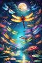 The beautiful dragonflies in a moonlit night, their colorful wings painting vibrant streaks, across the pond, disney art, cartoon