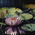 Beautiful dragonfly on a lotus flower. Digital painting