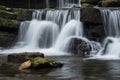 Beautiful dramatic landscape image of Scaleber Force waterfall in Yorkshire Dales in England during Winter morning