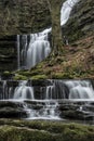 Beautiful dramatic landscape image of Scaleber Force waterfall in Yorkshire Dales in England during Winter morning