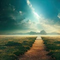 Beautiful dramatic mysterious landscape with spiritual pathway to heaven. Digital 3D illustration