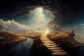 Beautiful dramatic mysterious landscape with spiritual pathway to heaven. Digital 3D illustration