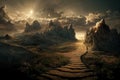 Beautiful dramatic mysterious landscape with spiritual pathway to heaven. Digital 3D illustration