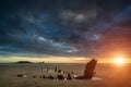 Beautiful dramatic sunset landscape over shipwreck on Rhosilli