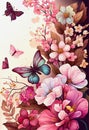 Beautiful drawing of pink flowers and butterflies on polished botanical herbarium paper page Royalty Free Stock Photo