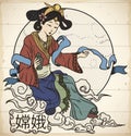 Traditional Representation of Chinese Moon Goddess: Chang`e in Scroll, Vector Illustration