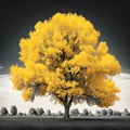 Beautiful drawing of a Yellow tree. Yellow Ipe. Black and white background.