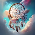 Beautiful dream catcher on background of blue sky and colourful clouds. Tribal elements, feathers, shells, lace. Digital Royalty Free Stock Photo