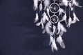 Beautiful dream catcher hanging on dark blue wall, closeup. Space for text Royalty Free Stock Photo