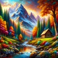 A beautiful dream landscape, with scenic mountains, a cabin and a stream, colorful, vibrant scenery, nature view art