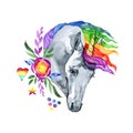 Beautiful, dreaming unicorn with floral bouquet. Rainbow, flowers and unicorn. Royalty Free Stock Photo