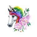 Beautiful, dreaming unicorn with floral bouquet. Rainbow, flowers and unicorn.
