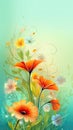 Beautiful dreamy spring nature background with orange flowers on green backdrop. Greeting card concept. Vertical picture Royalty Free Stock Photo