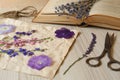 Beautiful dried flowers, book and scissors on wooden table, closeup