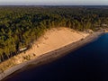 Beautiful drone areal photography view of large dune and pine forest near river Lielupe.